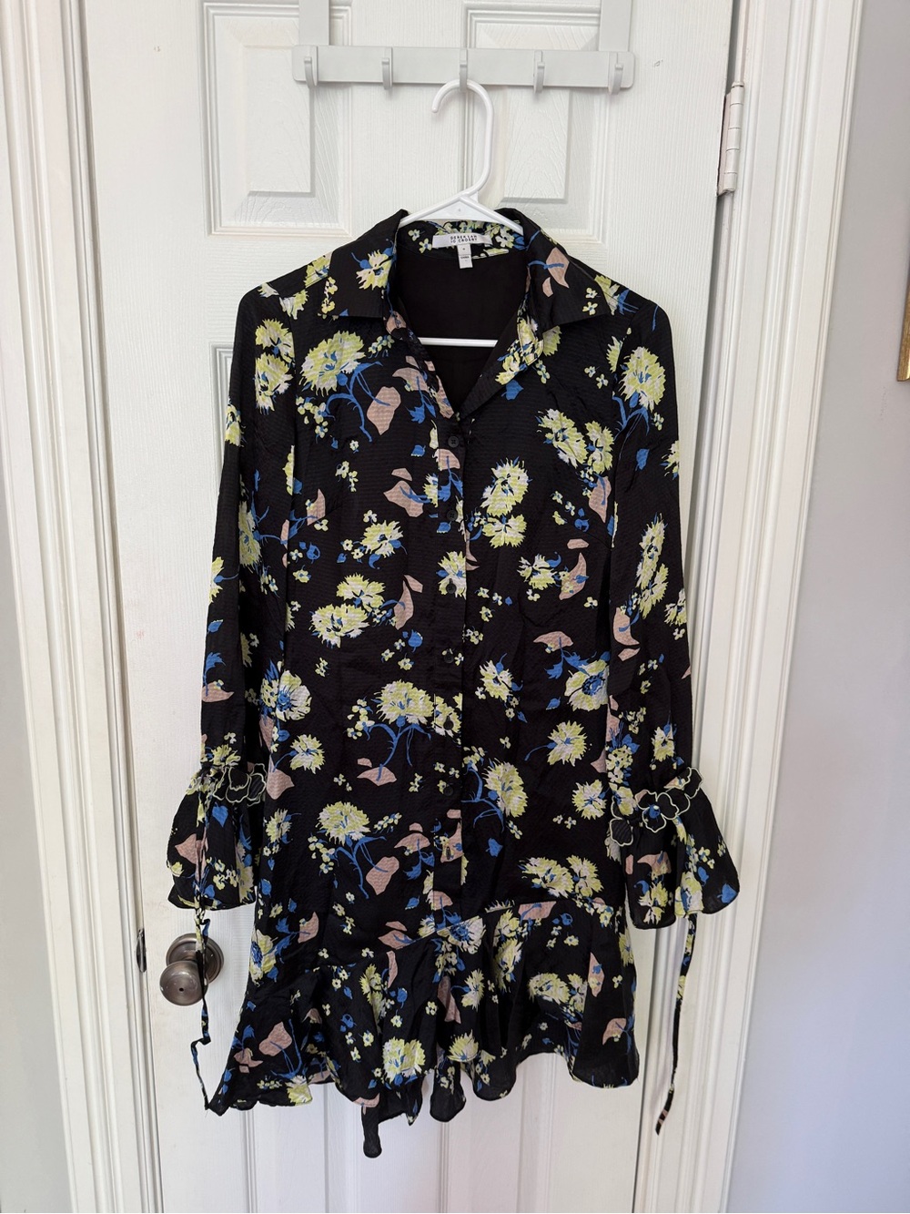 DEREK LIM - Floral Ruffle Asymmetrical Hem Shirt Dress - Black/Blue/Yellow
